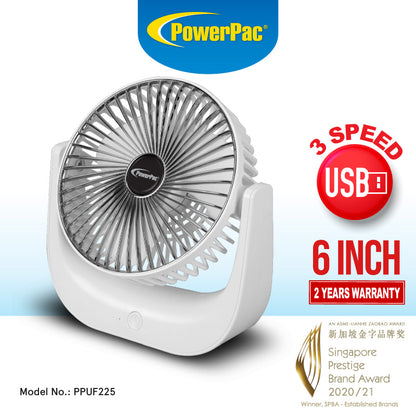 USB Fan, Desk Fan, Portable Fan, Rechargeable Fan with 3 speed setting (PPUF225) White