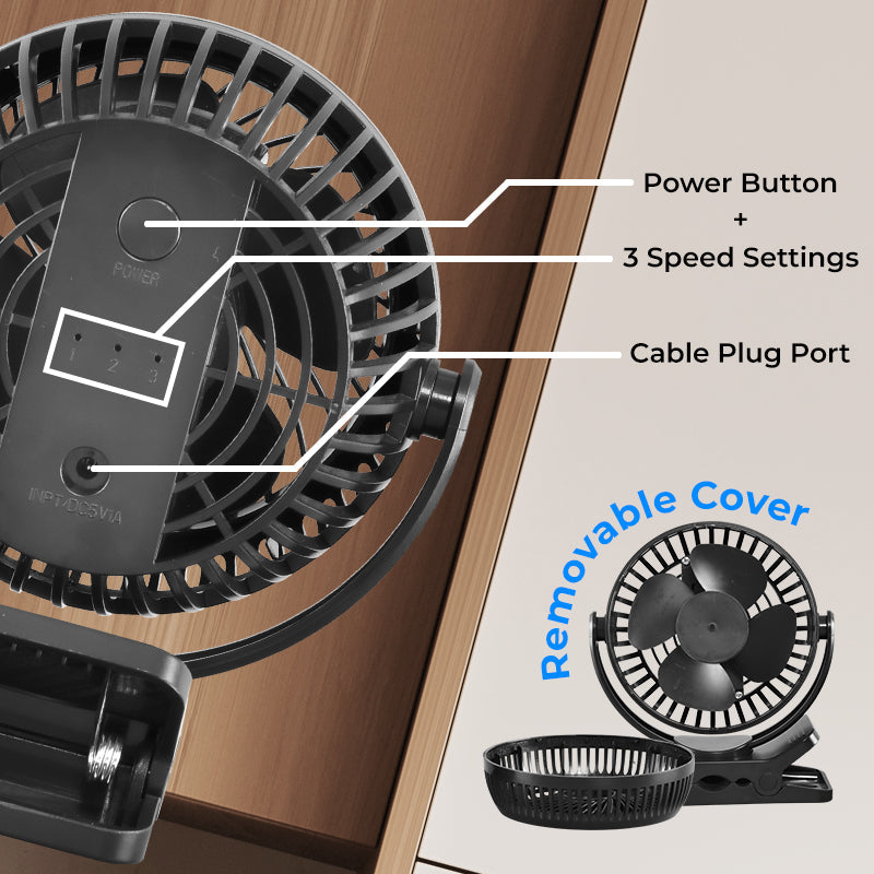 USB Fan Portable, Wireless Rechargeable, USB Clip Fan, Desk Fan  (PPUF226) Black