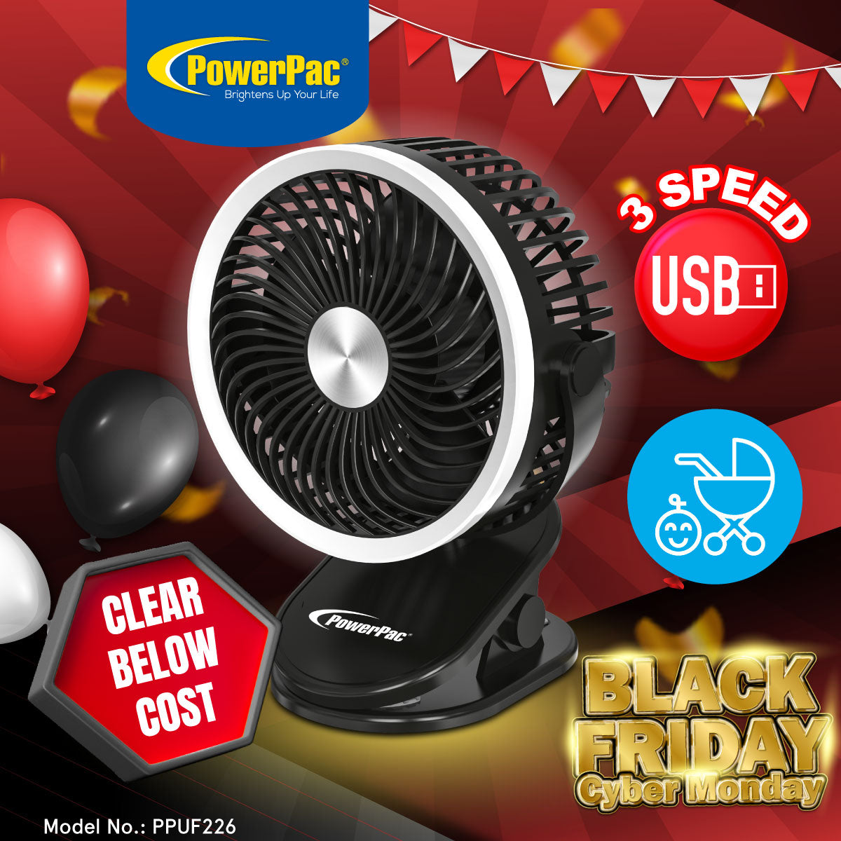 USB Fan, Clip Fan with Light, 3 speed setting (PPUF226) Black