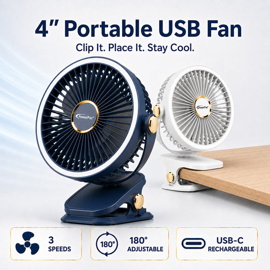 PowerPac 4" Clip/Desk Fan – USB, Rechargeable,3-Speed (PPUF226) White
