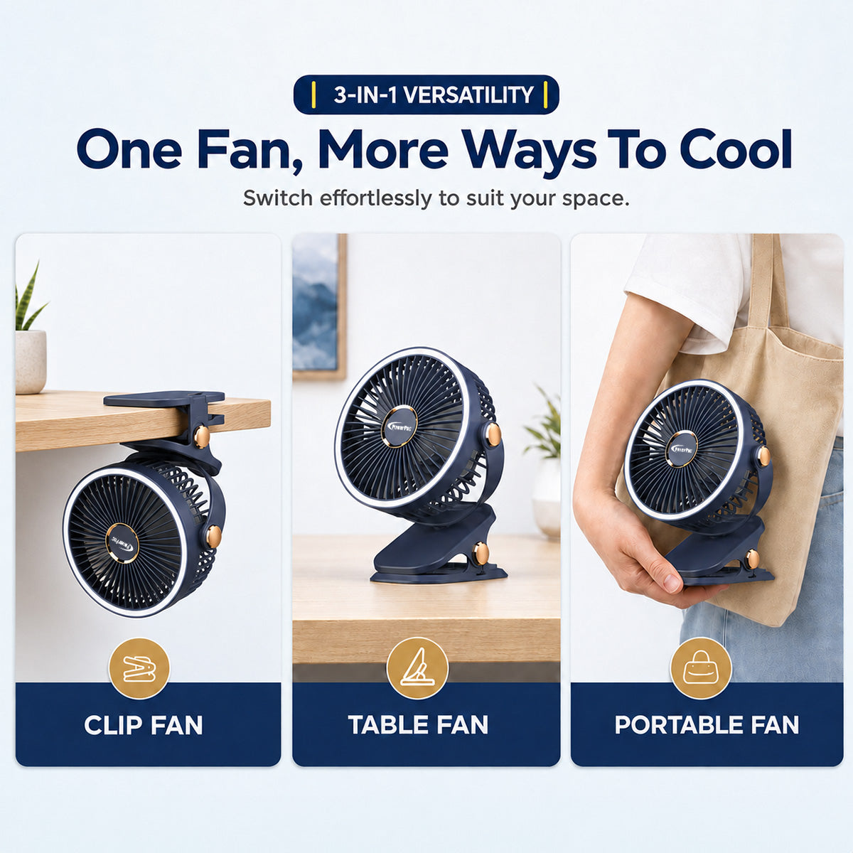 PowerPac 4" Clip/Desk Fan – USB, Rechargeable,3-Speed (PPUF226) White