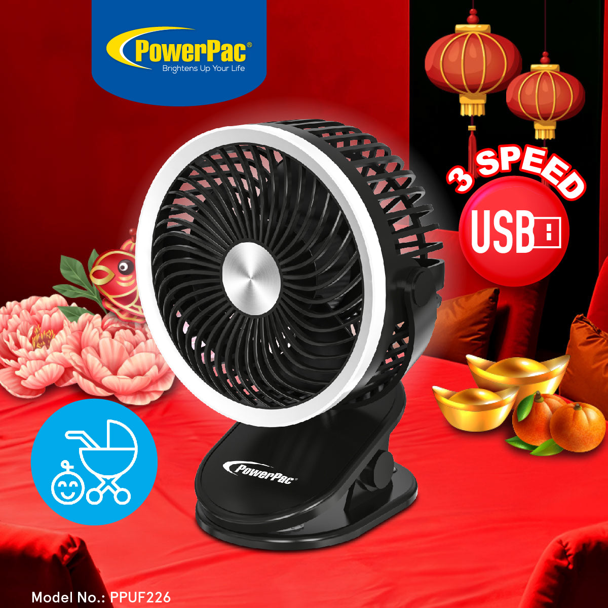 USB Fan, Clip Fan with Light, 3 speed setting (PPUF226) Black