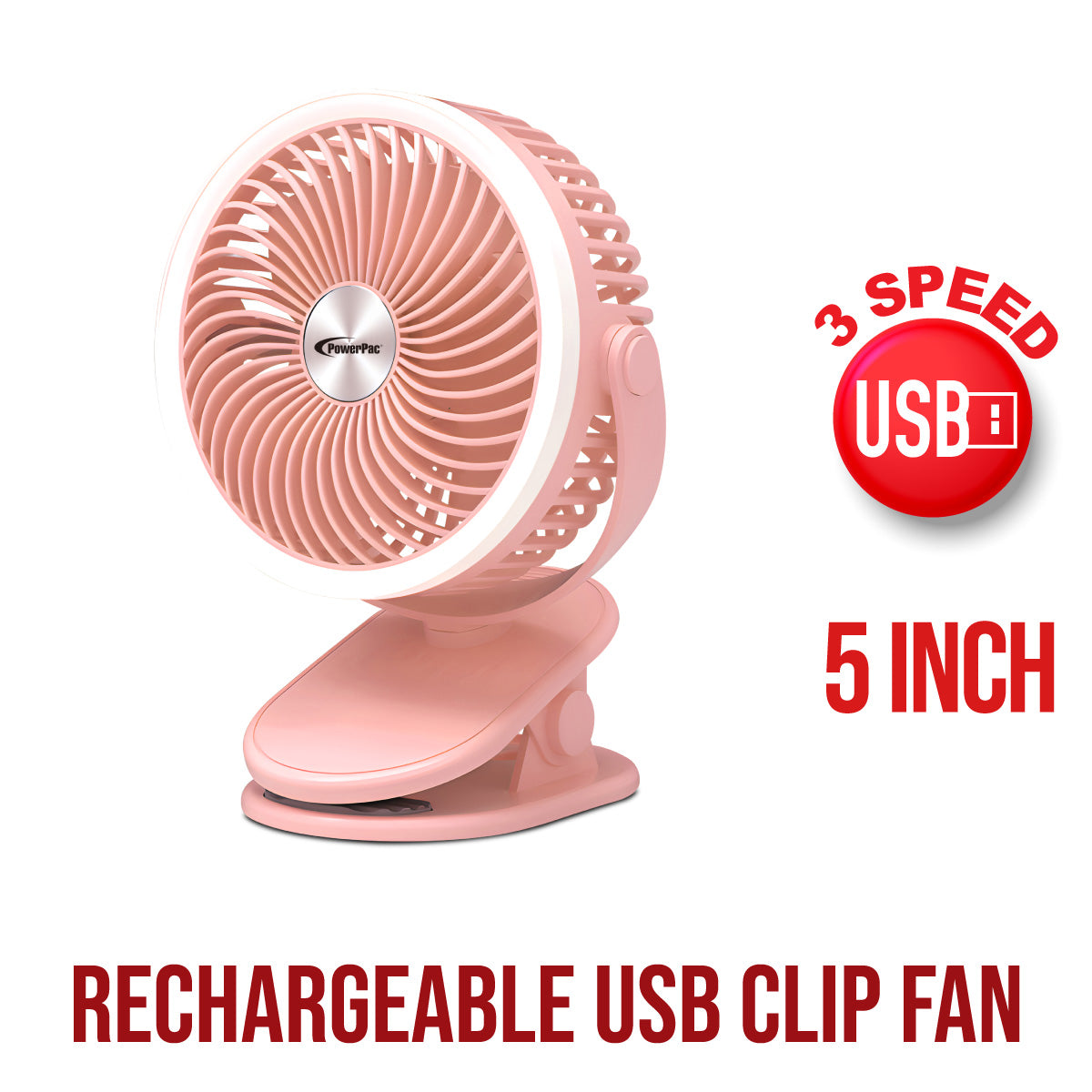 USB Fan, Clip Fan with Light, 3 speed setting (PPUF226) Pink