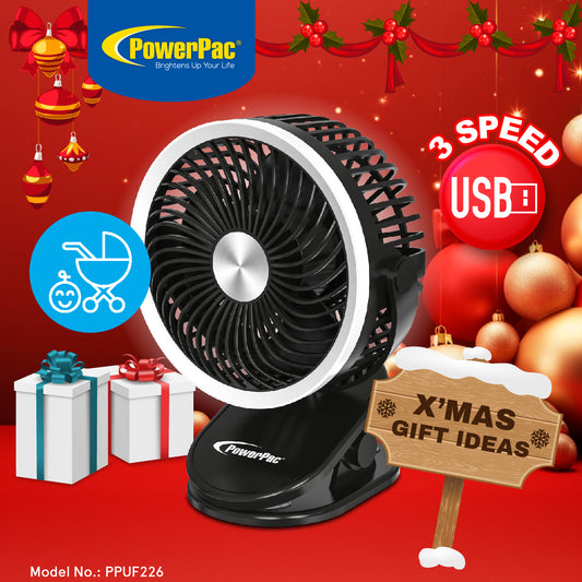 USB Fan, Clip Fan with Light, 3 speed setting (PPUF226) Black