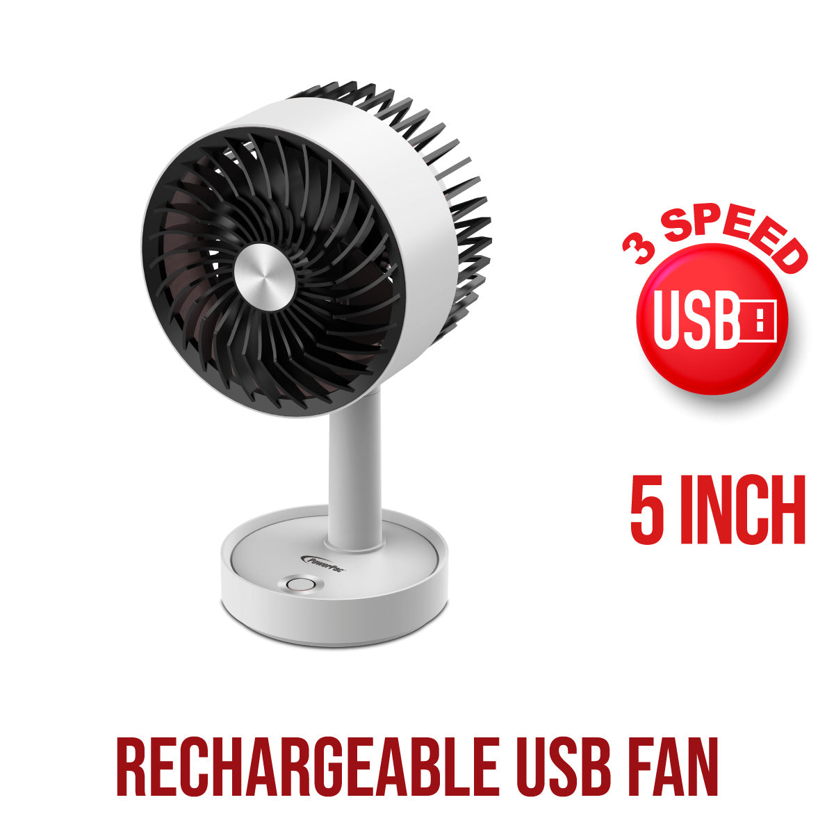 USB Fan, Rechargeable Fan , Desk Fan with 3 speed setting (PPUF230) White