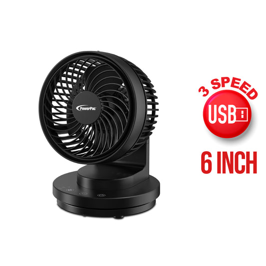 PowerPac 6" Table Fan – USB, Air Circulator, Strong Airflow, Adjustable Tilt, Oscillation, Sturdy & Durable, 3-Speed, black, PPUF237