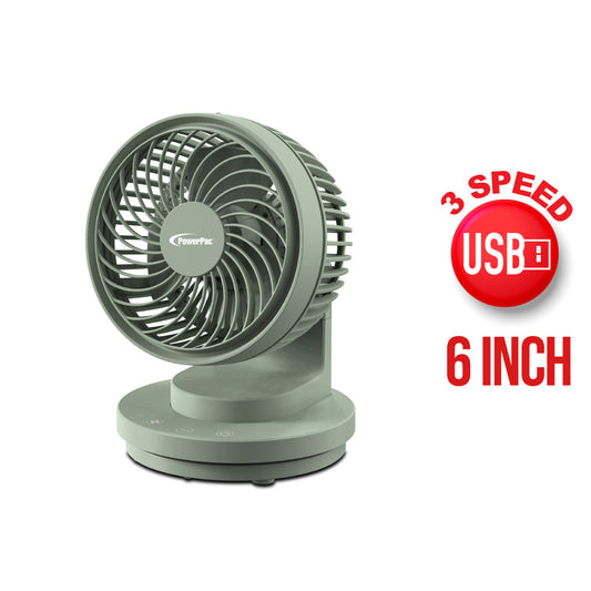 PowerPac 6" Table Fan – USB, Air Circulator, Strong Airflow, Adjustable Tilt, Oscillation, Sturdy & Durable, 3-Speed, green, PPUF237