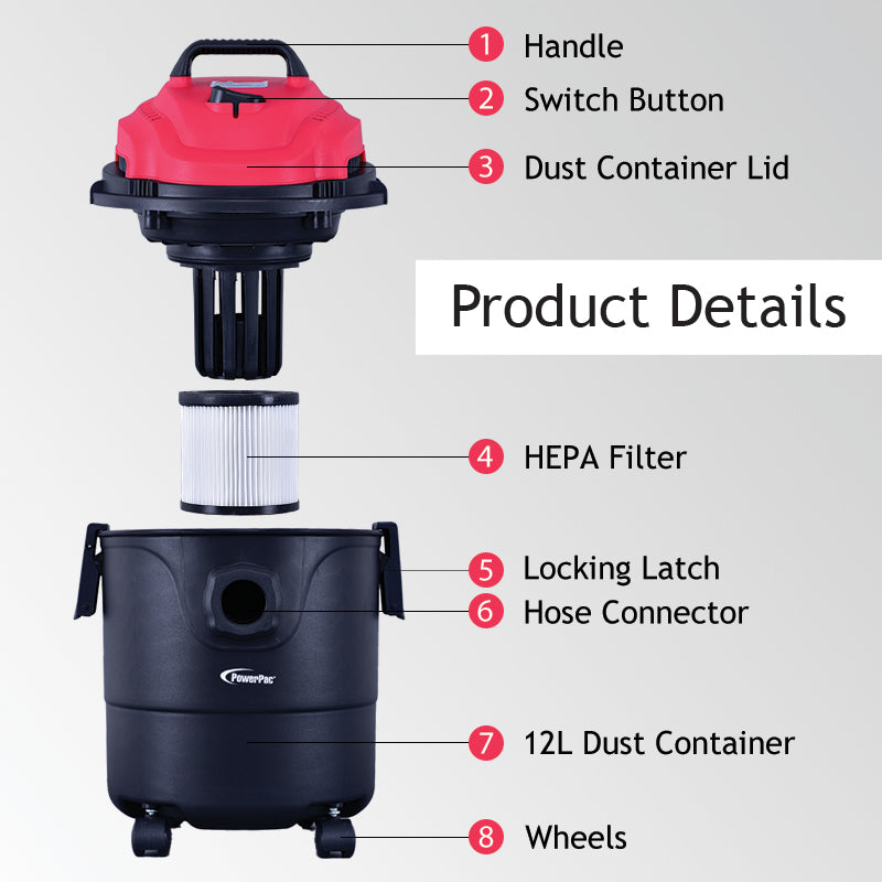 Wet & Dry Bagless Vacuum Cleaner, Vacuum Cleaner with Blower , Vacuum Cleaner With HEPA Filter 16KPa Suction (PPV1300)