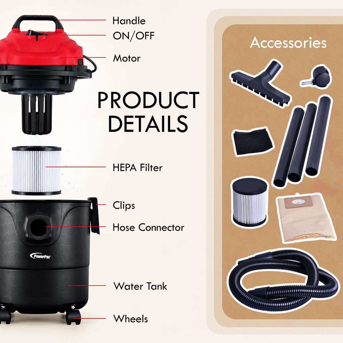 PowerPac Wet & Dry Bagless Vacuum Cleaner, Vacuum Cleaner with Blower , Vacuum Cleaner With HEPA Filter 16KPa Suction (PPV1300)