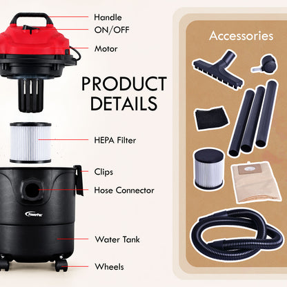 PowerPac Wet & Dry Bagless Vacuum Cleaner, Vacuum Cleaner with Blower , Vacuum Cleaner With HEPA Filter 16KPa Suction (PPV1300)