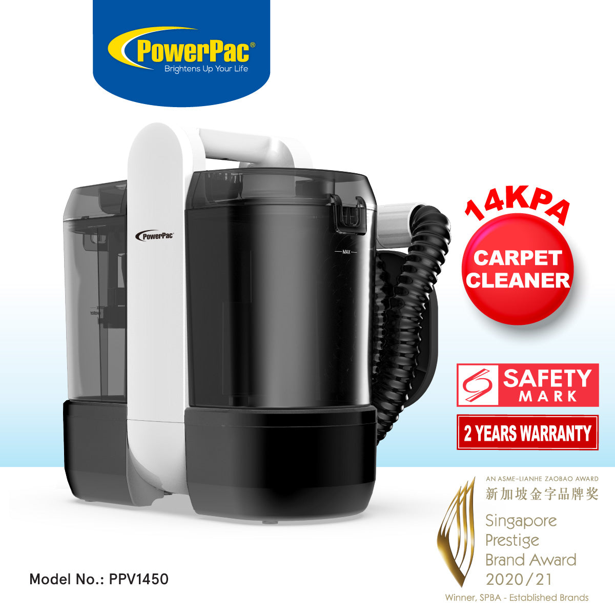 PowerPac Portable Spot Cleaner, Fabric Sofa, Carpet, Window & Upholstery Cleaner | 14KPA | Dual Water Tanks (PPV1450)