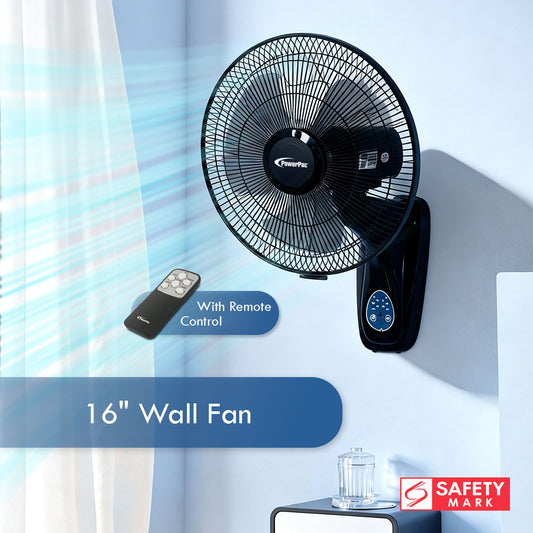 16" Wall Fan – Remote Control, Adjustable Tilt, Wide Oscillation, Safe & Easy Installation, Thermal Protection, 3-Speed, black, PPWF40R