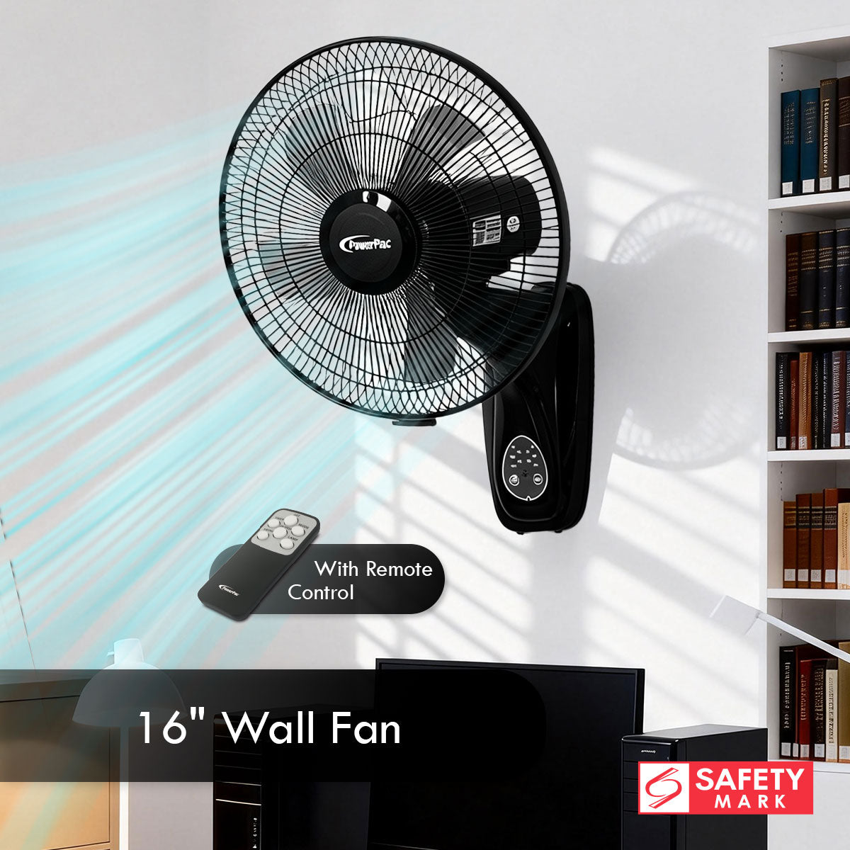 PowerPac 16" Wall Fan – Remote Control, Adjustable Tilt, Wide Oscillation, Safe & Easy Installation, Thermal Protection, 3-Speed, black, PPWF40R