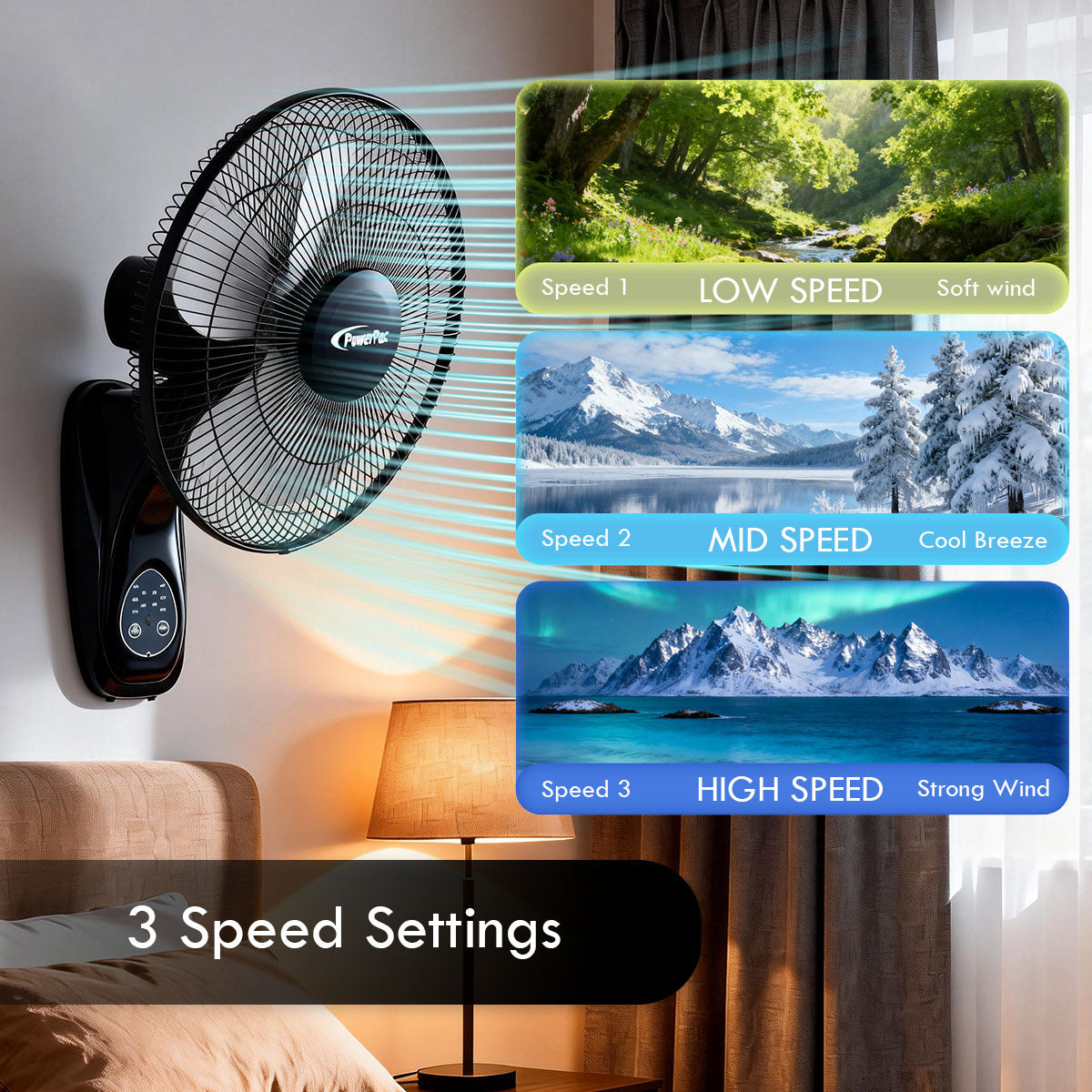 16" Wall Fan – Remote Control, Adjustable Tilt, Wide Oscillation, Safe & Easy Installation, Thermal Protection, 3-Speed, black, PPWF40R