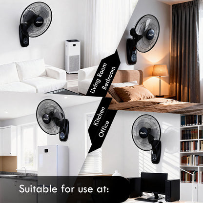 16" Wall Fan – Remote Control, Adjustable Tilt, Wide Oscillation, Safe & Easy Installation, Thermal Protection, 3-Speed, black, PPWF40R