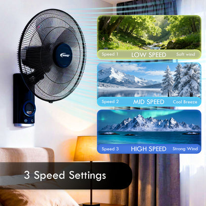 18" Wall Fan – Remote Control, Adjustable Tilt, Oscillation, Safe & Easy Installation, Thermal Protection, 3-Speed, black, PPWF98R