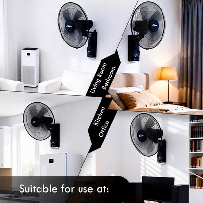 18" Wall Fan – Remote Control, Adjustable Tilt, Oscillation, Safe & Easy Installation, Thermal Protection, 3-Speed, black, PPWF98R