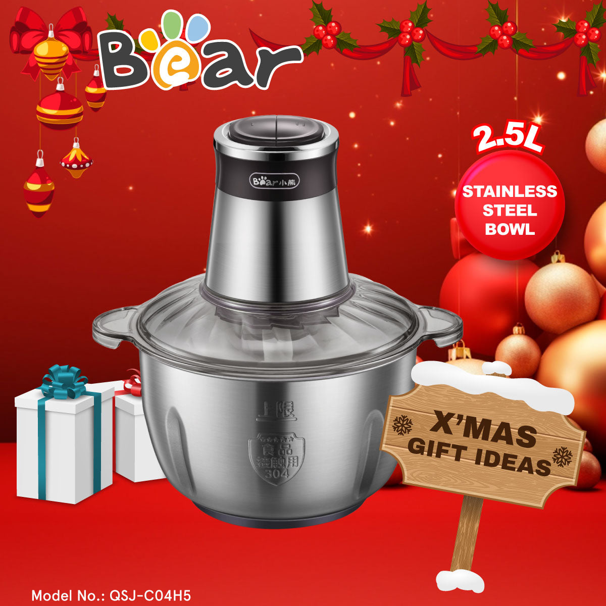 Bear Food Chopper 2.5L Multifunctional Electric Large-capacity Stir-Fried Minced Meat (QSJ-C04H5)