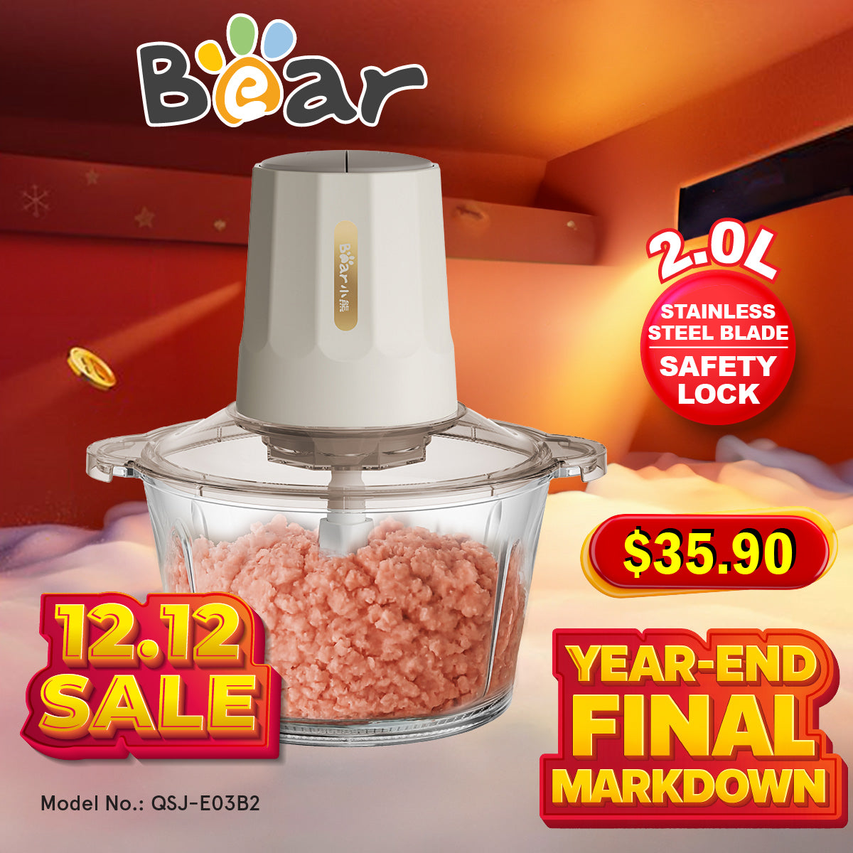 Bear Food Chopper 2.0L Multifunctional Electric Large-capacity Stir-Fried Minced Meat (QSJ-E03B2)