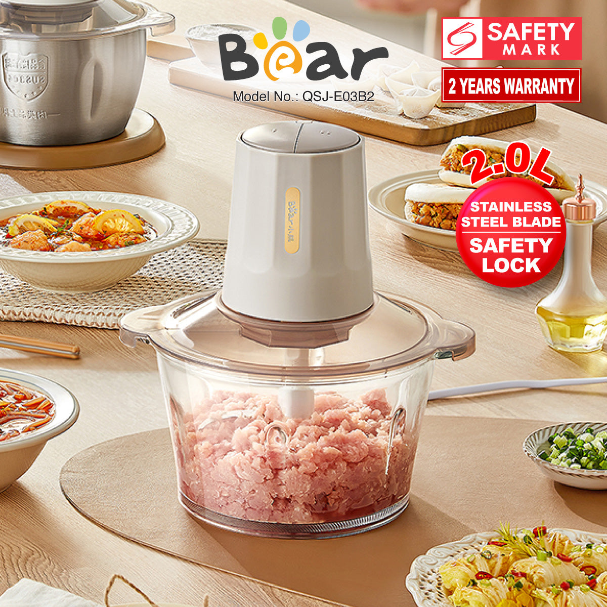 Bear Food Chopper 2.0L Multifunctional Electric Large-capacity Stir-Fried Minced Meat (QSJ-E03B2)
