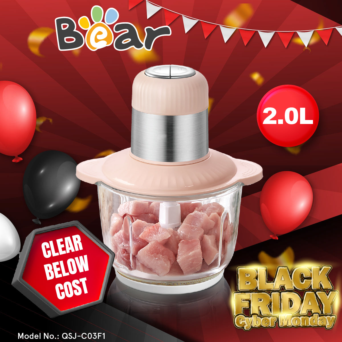 Bear 2L Multifunctional Electric Large-capacity Food Chopper (QSJ-C03F1)