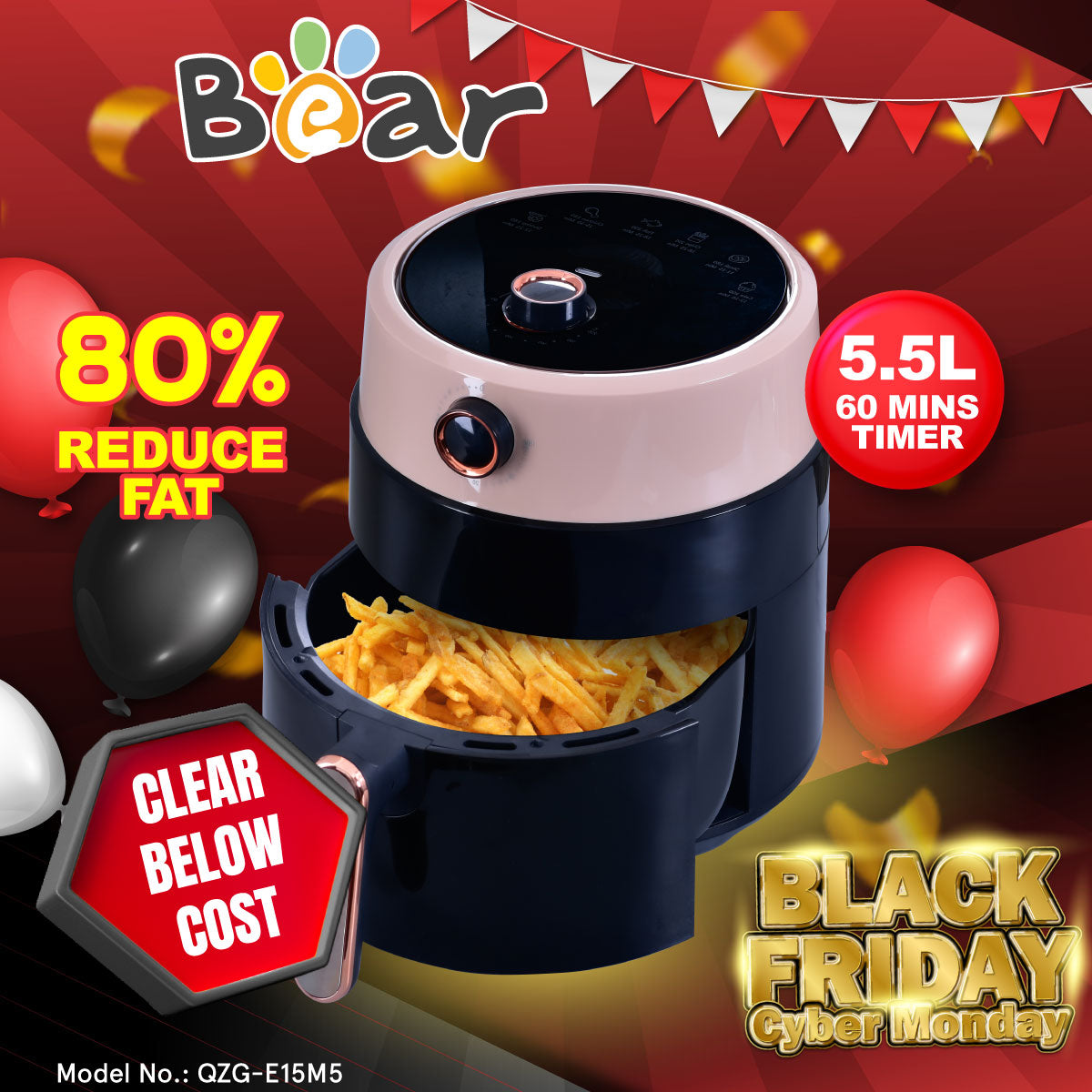 Bear Air fryer 5.5L with Hot Air Flow System (QZG-E15M5)