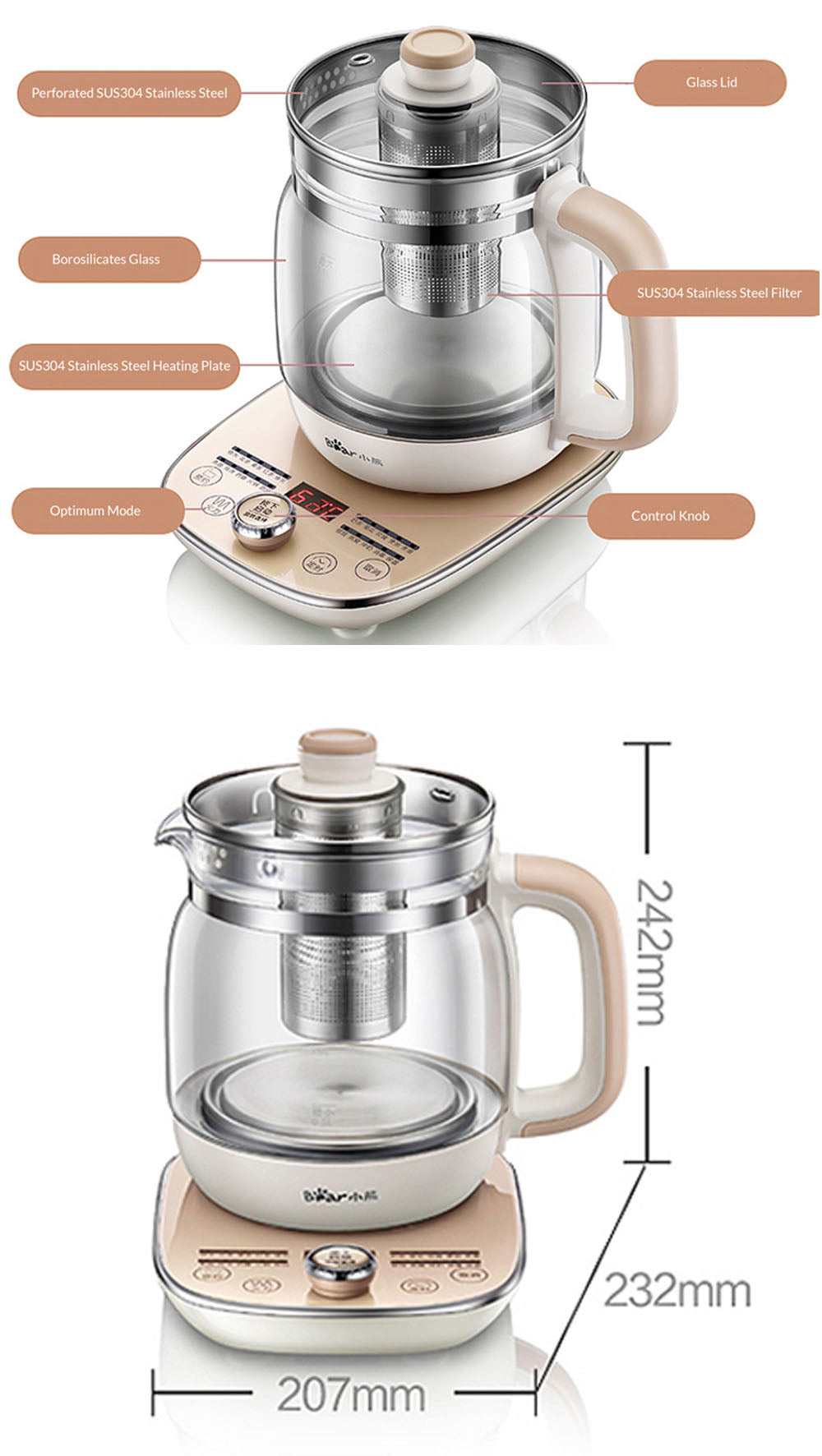 Bear Electric Health Multi-Function Kettle 20 Press Function, 1.5L (YSH-A15W6) - PowerPacSG