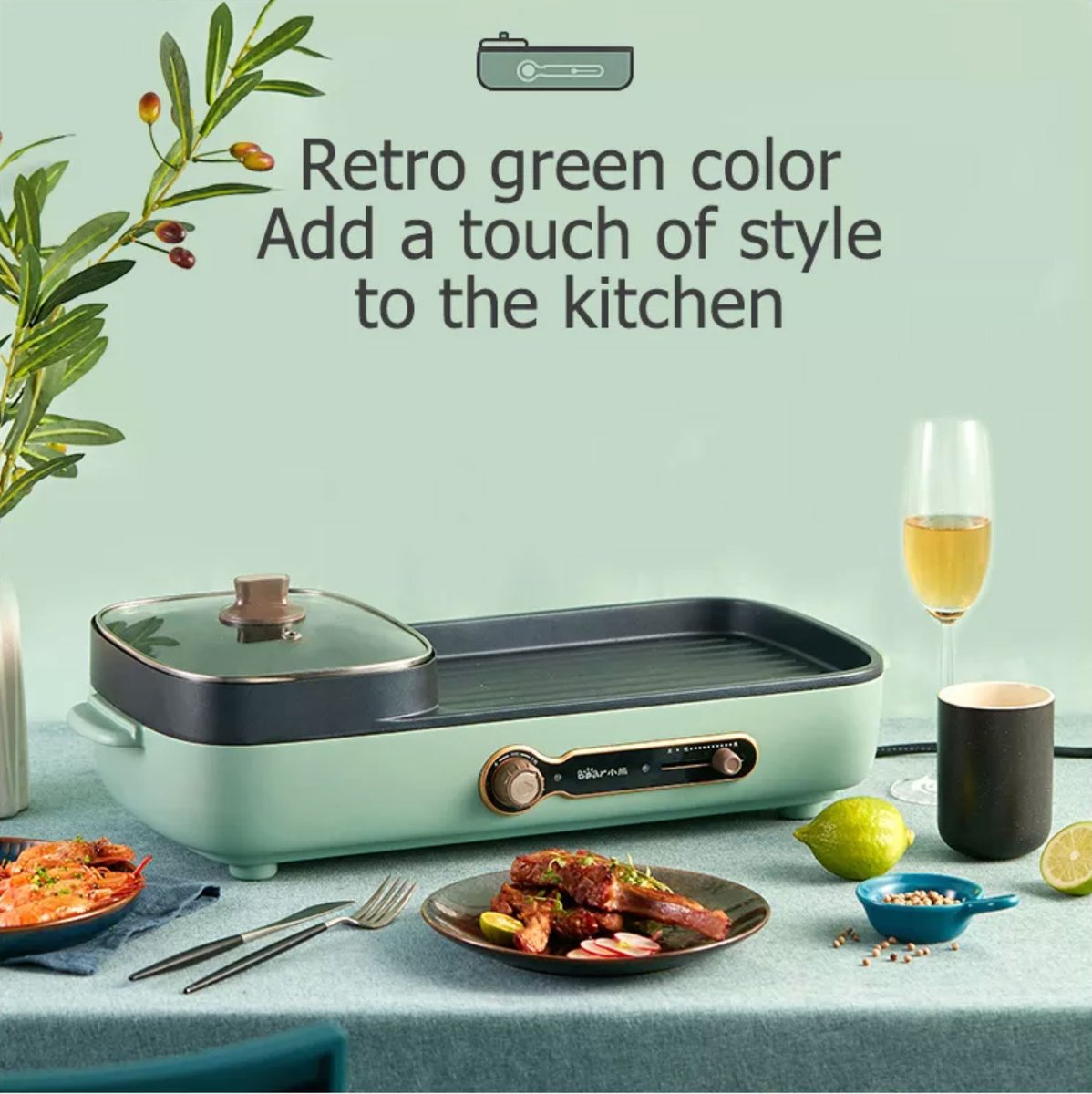 Bear Steamboat with BBQ Grill, 2 in 1 Multi Cooker with Non-stick inner pot (DKL-C15G1) - PowerPacSG