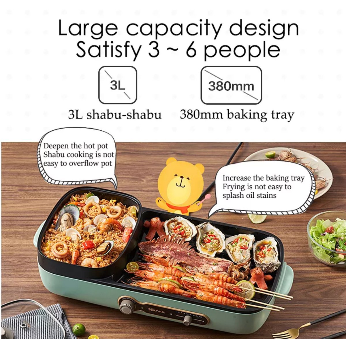 Bear Steamboat with BBQ Grill, 2 in 1 Multi Cooker with Non-stick inner pot (DKL-C15G1) - PowerPacSG
