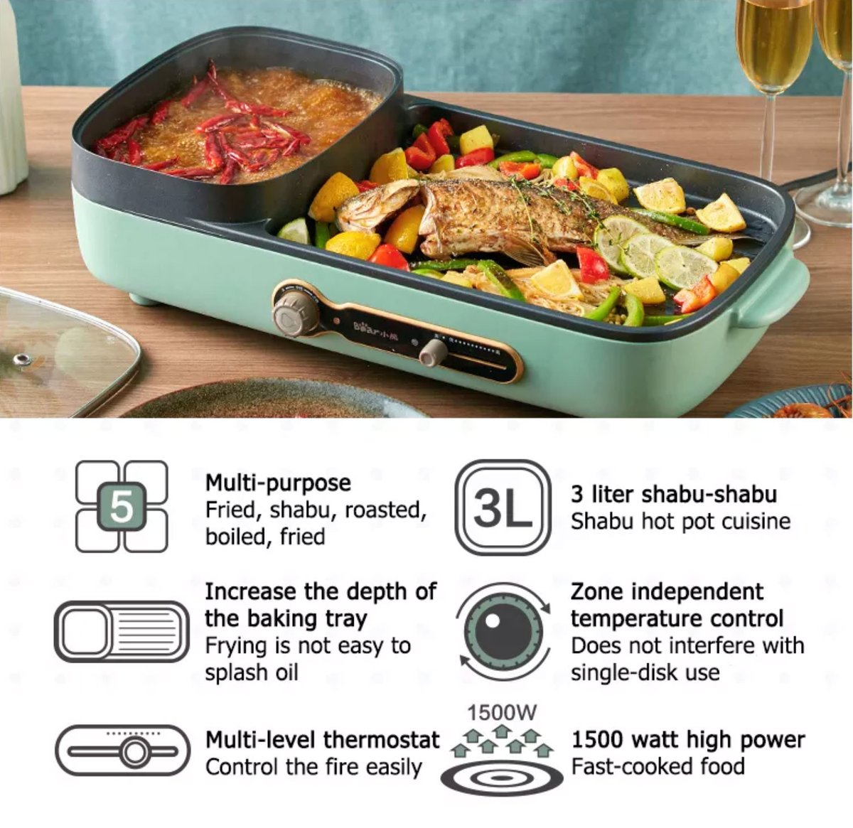Bear Steamboat with BBQ Grill, 2 in 1 Multi Cooker with Non-stick inner pot (DKL-C15G1) - PowerPacSG