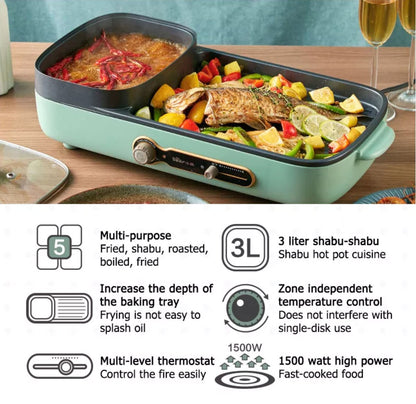 Bear Steamboat with BBQ Grill, 2 in 1 Multi Cooker with Non-stick inner pot (DKL-C15G1) - PowerPacSG
