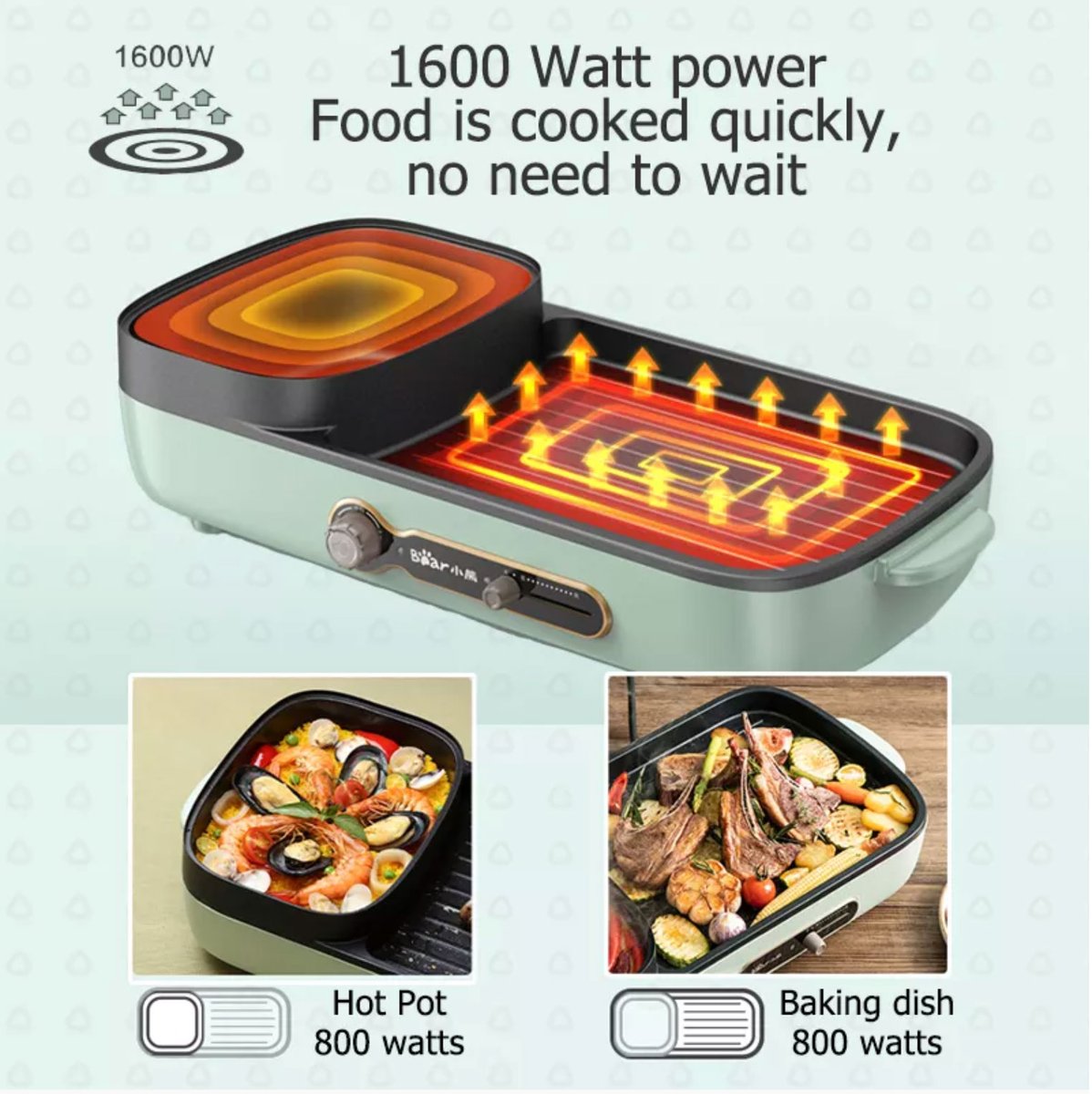 Bear Steamboat with BBQ Grill, 2 in 1 Multi Cooker with Non-stick inner pot (DKL-C15G1) - PowerPacSG