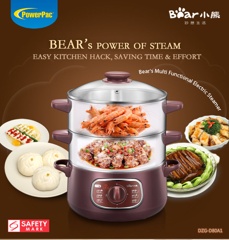 Bear 2 Tier Intelligent Electric Stainless Steel Food Steamer Convenient Steamer 8.0L 800Watt (DZG-D80A1) - PowerPacSG