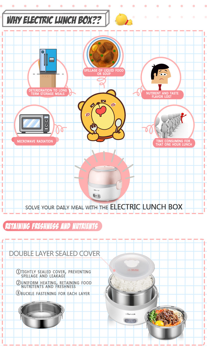 Bear Electric Portable Mini Lunch Box 1.3L Multi Pot (DFH-B13E5) - PowerPacSG