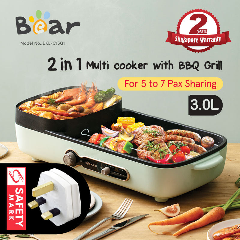 Bear Steamboat with BBQ Grill, 2 in 1 Multi Cooker with Non-stick inner pot (DKL-C15G1)