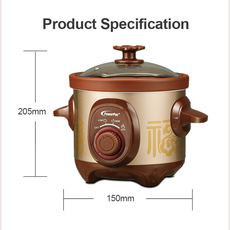 1.5L Slow Cooker with Ceramic Pot 3 preset selector high-tempered glass lid  energy saving (PPSC15) - PowerPacSG
