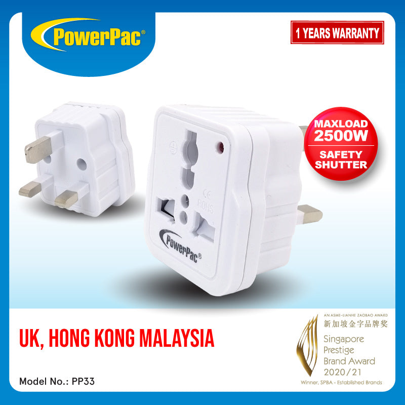 2 pcs x PowerPac Universal Travel Adapter (PP33) UK, Hong Kong Malaysia