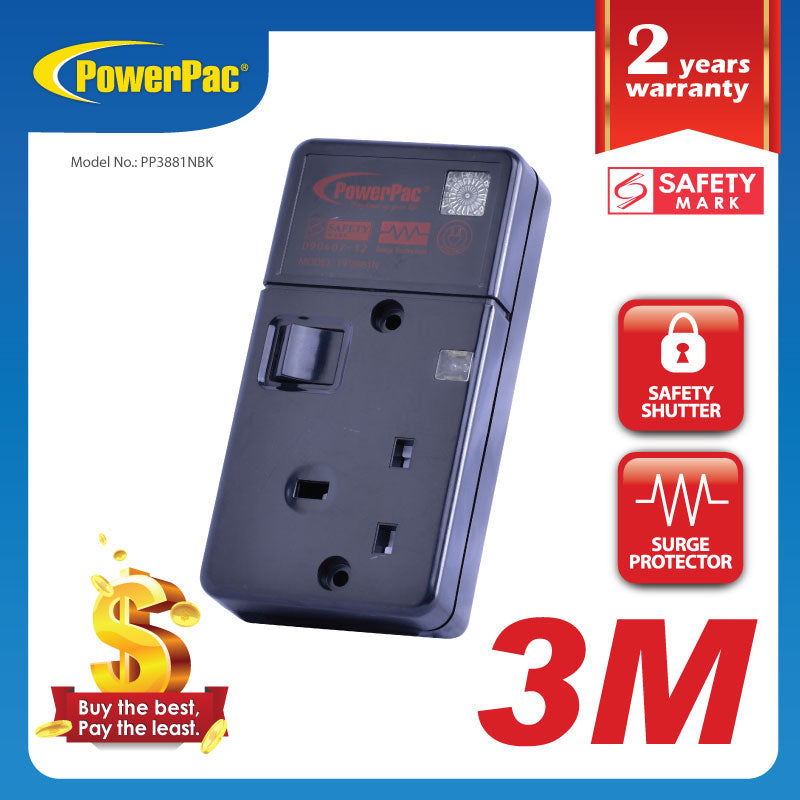 Extension Cord 3M with 2-Pin Direct. (PP3881BK) - PowerPacSG