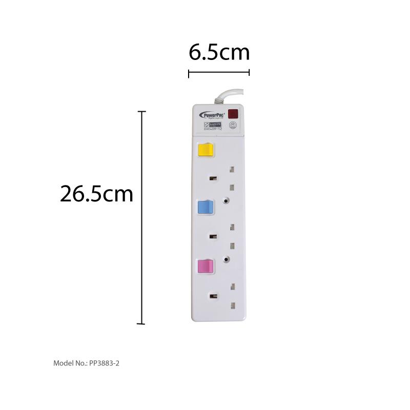 3 Way Safety Extension Socket 2 Meter with Individual Switch (PP3883-2) - PowerPacSG