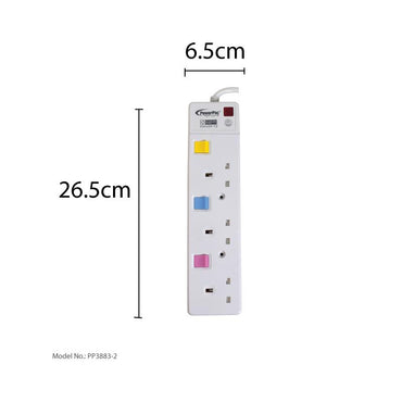 3 Way Safety Extension Socket 2 Meter with Individual Switch (PP3883-2) - PowerPacSG