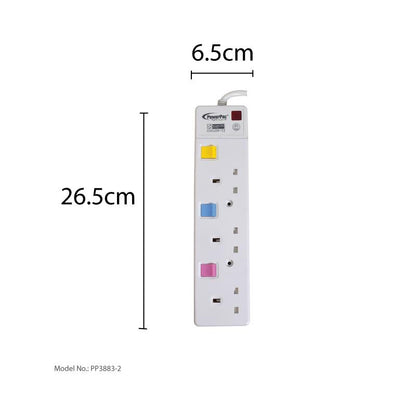 3 Way Safety Extension Socket 2 Meter with Individual Switch (PP3883-2) - PowerPacSG