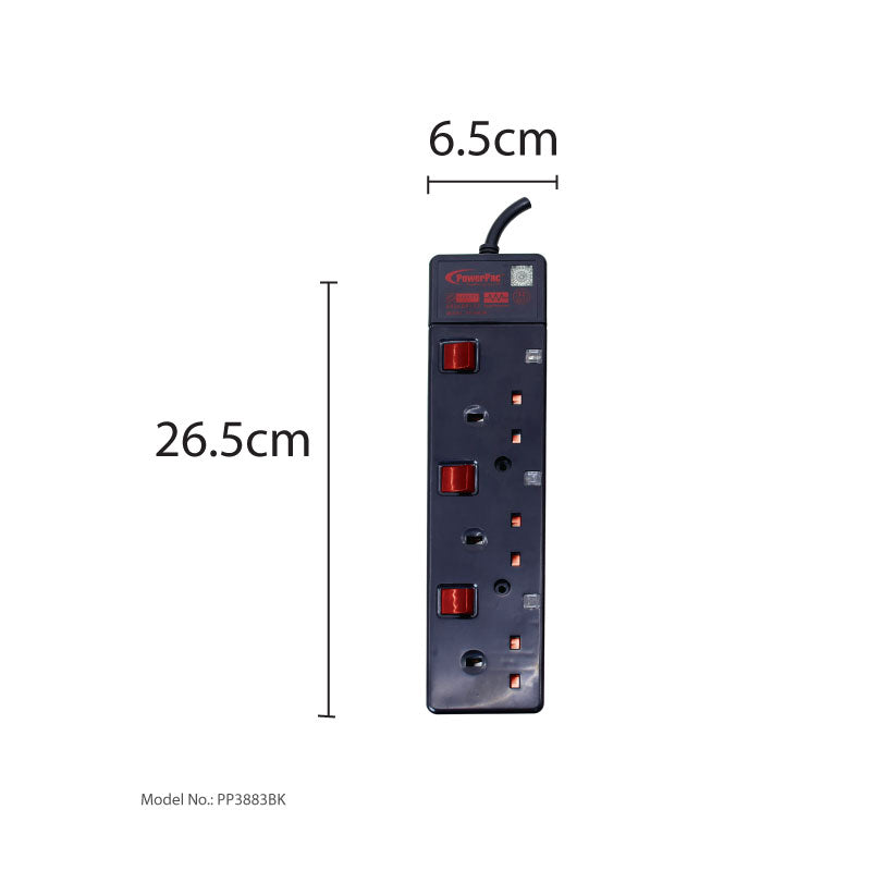 3 way 3 metre Extension Cord with 2-Pin Direct. (PP3883BK) - PowerPacSG