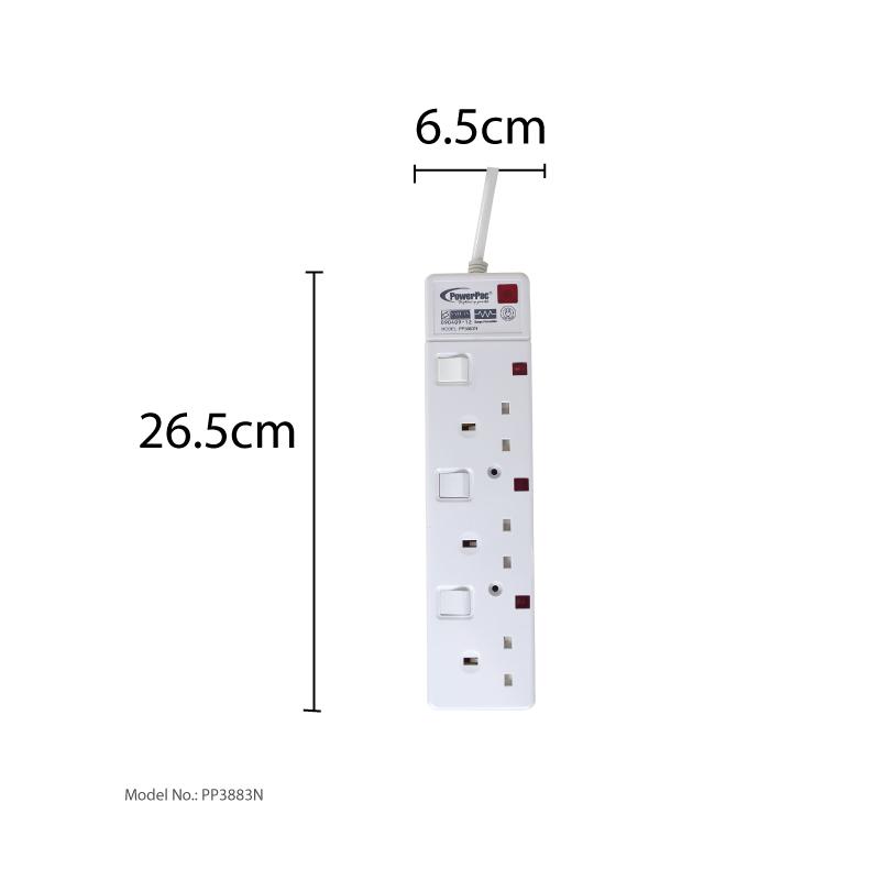 3 way 3 metre Extension Cord with 2-Pin Direct. (PP3883N) - PowerPacSG