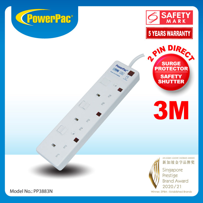 3 way 3 metre Extension Cord with 2-Pin Direct. (PP3883N)