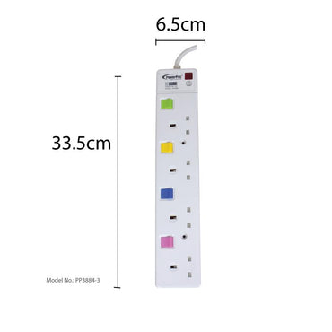 4 Way Safety Extension Socket 3 Meter with Individual Switch (PP3884-3) - PowerPacSG