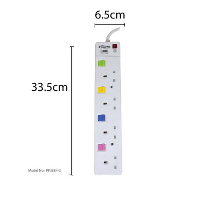 4 Way Safety Extension Socket 3 Meter with Individual Switch (PP3884-3) - PowerPacSG