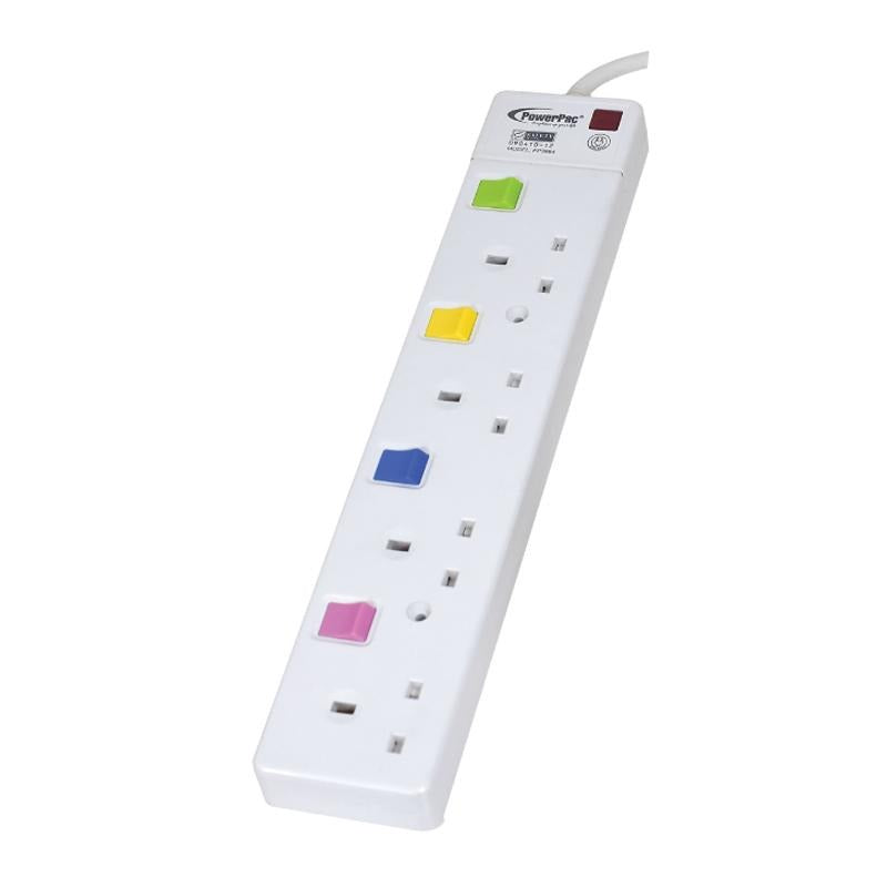 4 Way Safety Extension Socket 3 Meter with Individual Switch (PP3884-3) - PowerPacSG