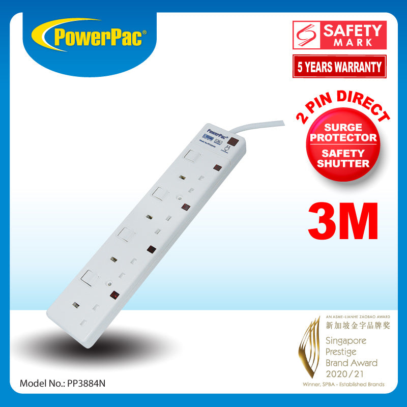 4 Way 3 metre Extension Cord with 2-pin direct. (PP3884N)