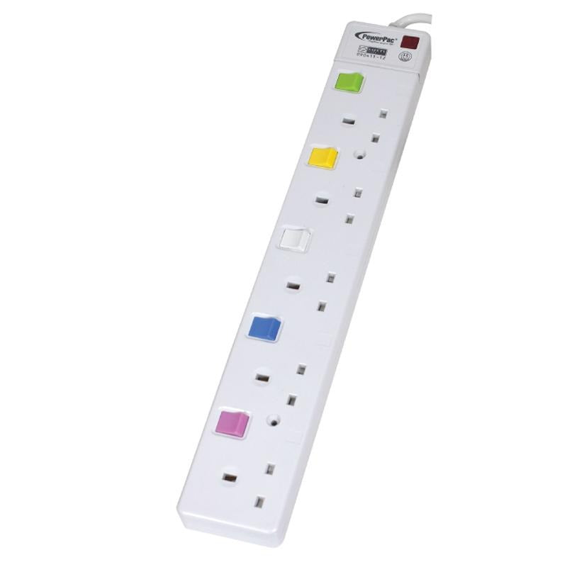 5 Way Safety Extension Socket 2 Meter with Individual Switch (PP3885-2) - PowerPacSG