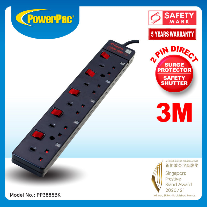 5 way 3 metre Extension Cord with 2-Pin Direct. (PP3885BK)
